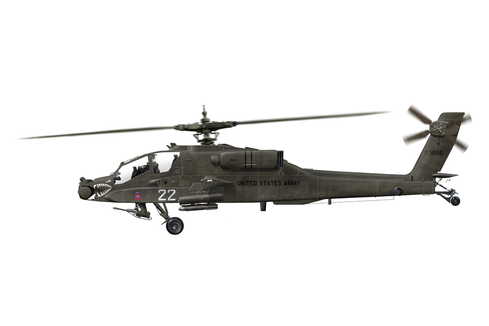 Boční profil vrtulníku Boeing AH-64A Apache 84-23886