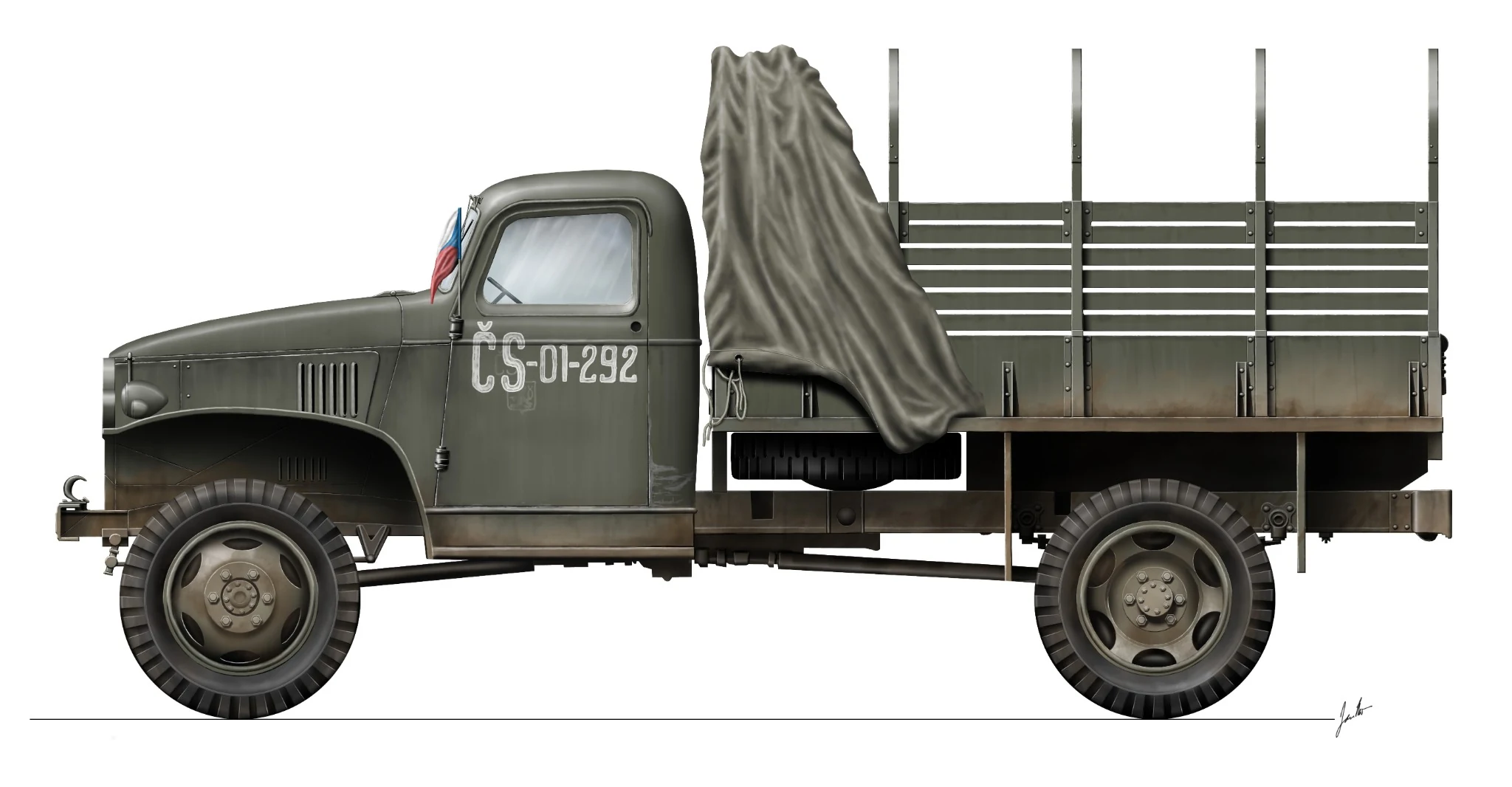 Boční profil vojenského nákladního automobilu Chevrolet 7107 ČS-01-292