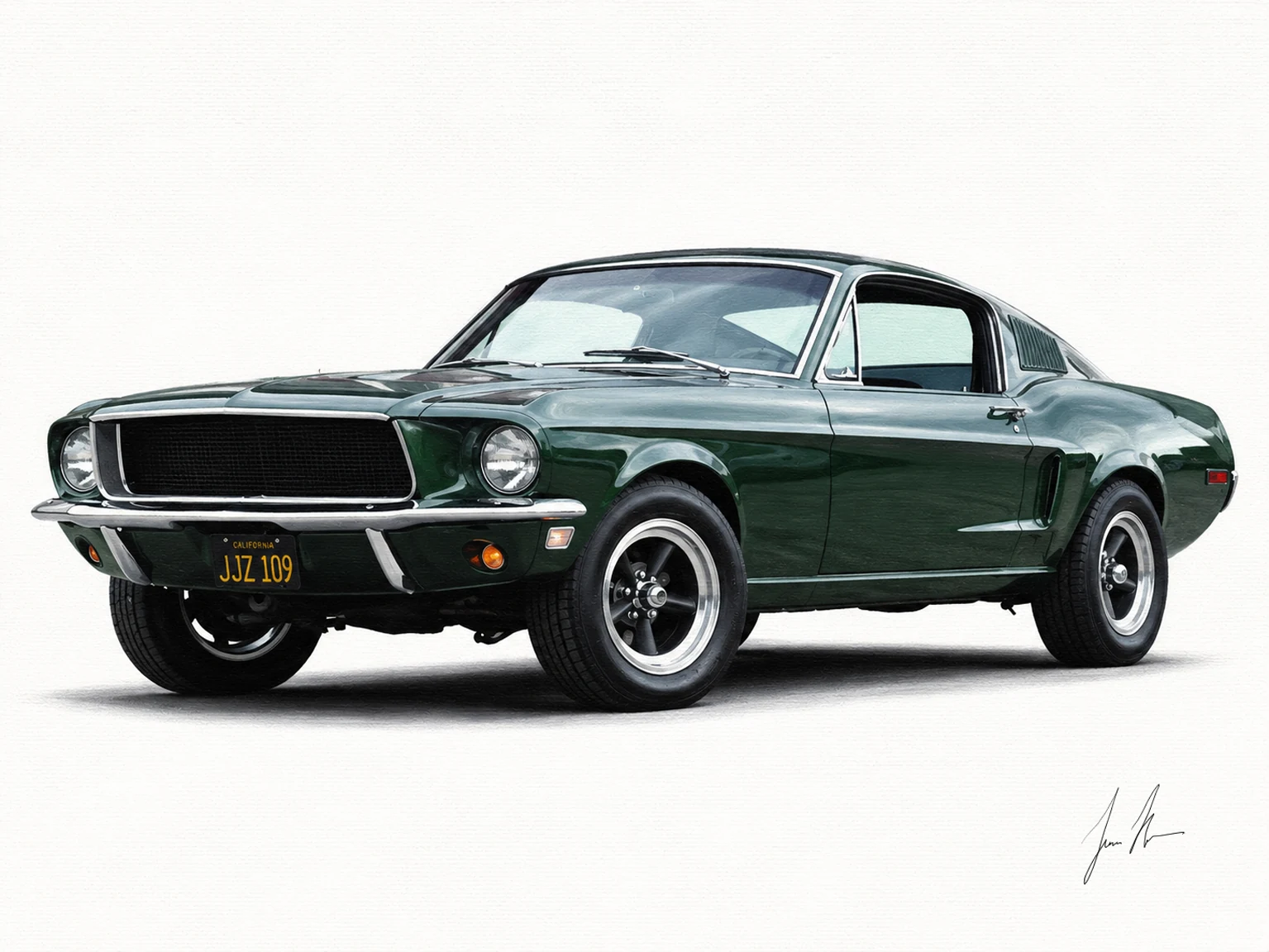 Tmavě zelený Ford Mustang GT 1968 ve stylu filmu Bullitt